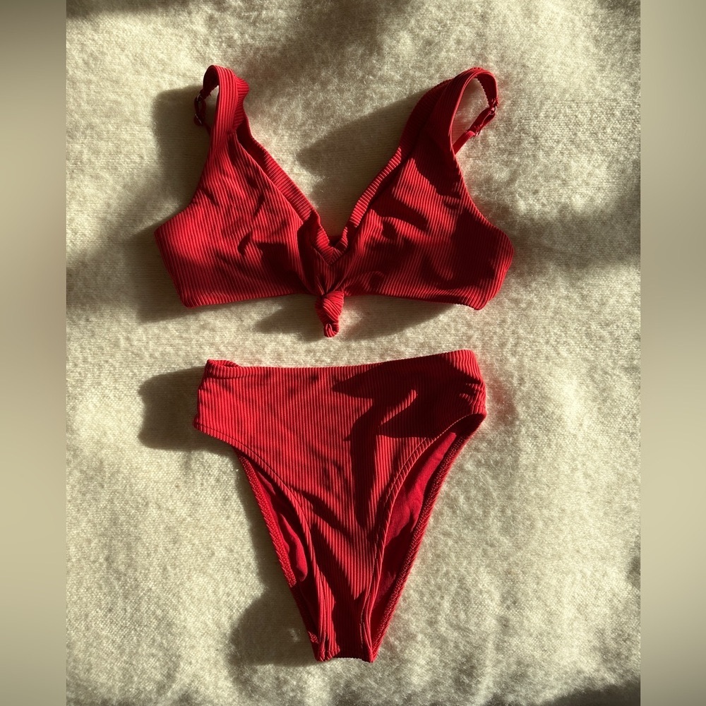 Frankie’s Bikinis Red Ribbed Set: Top M + High Waisted Bottoms XS